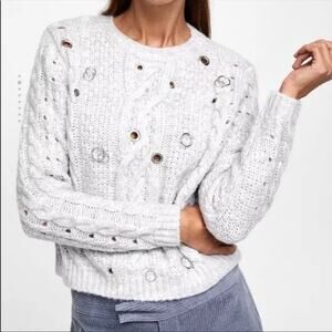 Zara Womens Knit Rings Pullover White Round Neck Long Sleeve Sweater Top Size M